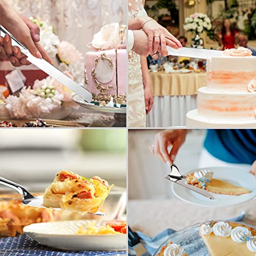 Cake Cutting Set for Wedding, Elegant Cake Knife and Server Set with Thickened Stainless Steel and Rounded Edges, Cake Cutter and Pie Spatula for Birthday Anniversary Christmas Gift Set of 2, Silver