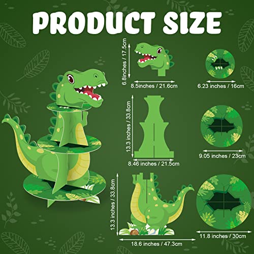 3 Tier Dinosaur Cupcake Stand Party Decorations Dinosaur Theme Cupcake Holder Decorations Dinosaur Dessert Tower for Kids Boys Dinosaur Jungle Theme Party Birthday Supplies (Green)