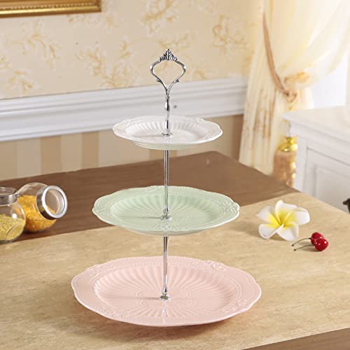 Bekith 3-Tier Porcelain Cupcake Stand with Silver Carry Handle, Tiered Serving Dessert Stand, 3 Colors Ceramic Embossed Cake Tower Stand, Pastry Serving Tray Platter for Tea Party, Wedding, Birthday