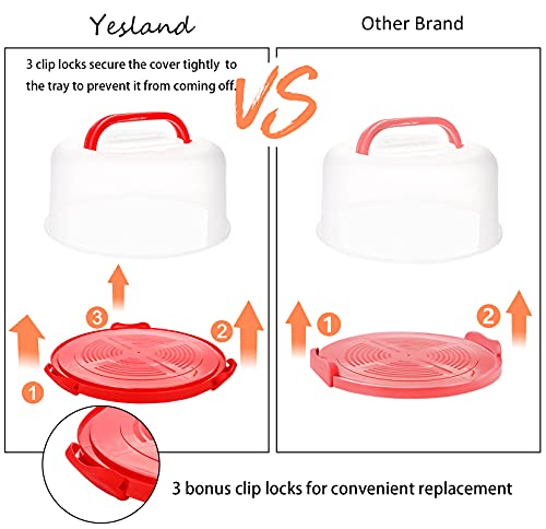 Yesland Cake Carrier with Collapsible Handle - Plastic Red Cake Container and Holder with Lid - Portable Round Cake Cover for 10 inch Cake, Pies, Cookies, Nuts, Muffins and Fruit