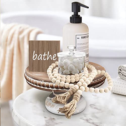 dwellington White Wash Round Display Wood Riser, 8.25” Shabby Chic Pedestal Tray Decor with Beads, Farmhouse Display Stands for Coffee Bar, Bathroom, Kitchen Island