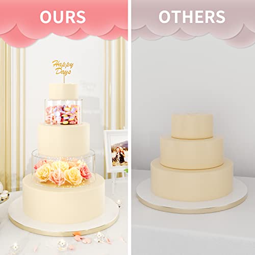 2PCS Clear Acrylic Cake Stand, Fillable Cake Box Riser Cake Tier, Round Cake Display Box with Lid, Decorative Centerpiece Box for Wedding Birthday Party (2pcs, 10" Dx4” H; 6" Dx4” H, 2M LED Lights)