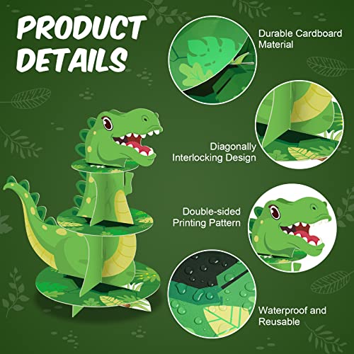 3 Tier Dinosaur Cupcake Stand Party Decorations Dinosaur Theme Cupcake Holder Decorations Dinosaur Dessert Tower for Kids Boys Dinosaur Jungle Theme Party Birthday Supplies (Green)