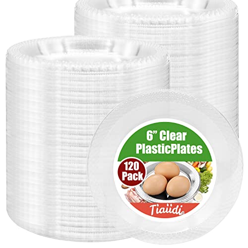Tiaiidi 120 Pcs Disposable Clear Plastic Plates,6-Inch Dessert Plates,Small Crystal Transparent Plates for Parties,Catering,Wedding