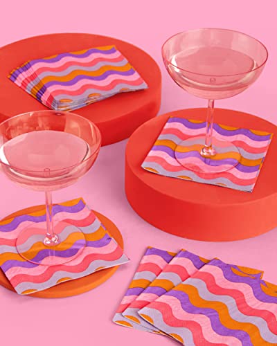 xo, Fetti Birthday Party Wavy Cocktail Napkins - 3-ply, 25 pcs | Bachelorette Party Decorations, Groovy 70s Decor, Bday Supplies