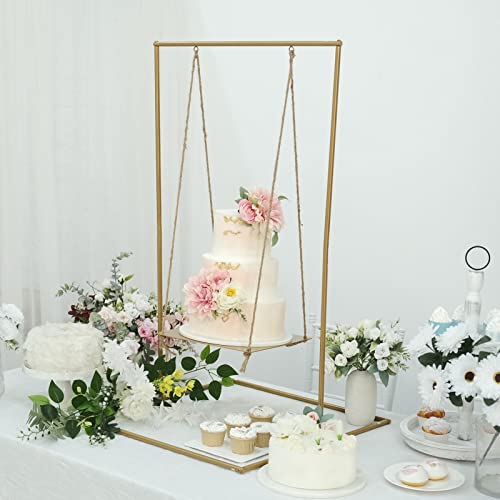 Efavormart 3ft Tall Gold Metal Hanging Dessert Display Centerpiece with Jute Rope, Cake Stand Swing