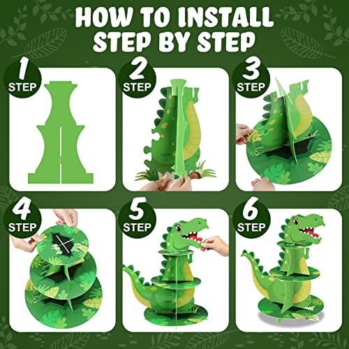 3 Tier Dinosaur Cupcake Stand Party Decorations Dinosaur Theme Cupcake Holder Decorations Dinosaur Dessert Tower for Kids Boys Dinosaur Jungle Theme Party Birthday Supplies (Green)