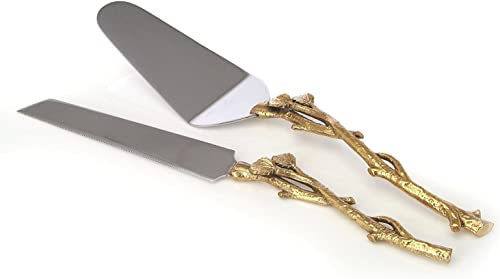 2 Piece Gold-leaf (twig) Cake Server Set. 1 Cake Knife and 1 Cake Server. Leaf Design 2 Tone Made of Stainless Steel and Brass. Ideal for Weddings, Party's, Elegant Events.
