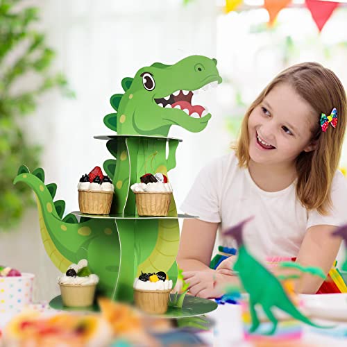 3 Tier Dinosaur Cupcake Stand Party Decorations Dinosaur Theme Cupcake Holder Decorations Dinosaur Dessert Tower for Kids Boys Dinosaur Jungle Theme Party Birthday Supplies (Green)
