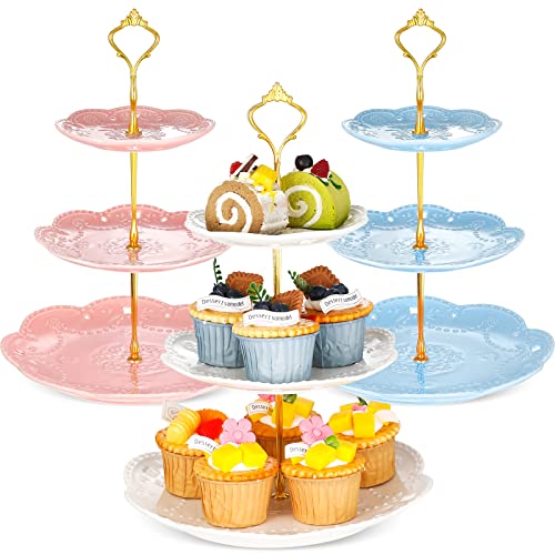 Tanlade 3 Pack 3 Tier Porcelain Cake Stand, Cupcake Stand Serving Tray Round Dessert Stand Display Tower Tray for Party, Birthday and Wedding