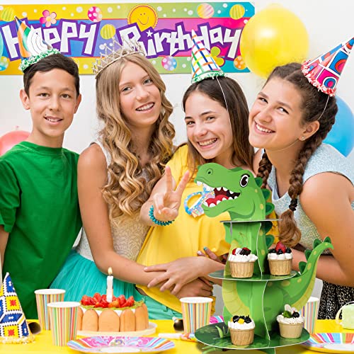 3 Tier Dinosaur Cupcake Stand Party Decorations Dinosaur Theme Cupcake Holder Decorations Dinosaur Dessert Tower for Kids Boys Dinosaur Jungle Theme Party Birthday Supplies (Green)