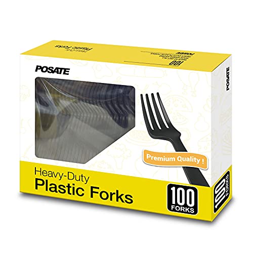 POSATE Disposable Forks, Plastic Forks, Pack of 100, Black, Disposable Utensils for Party Supply