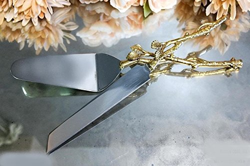 2 Piece Gold-leaf (twig) Cake Server Set. 1 Cake Knife and 1 Cake Server. Leaf Design 2 Tone Made of Stainless Steel and Brass. Ideal for Weddings, Party's, Elegant Events.