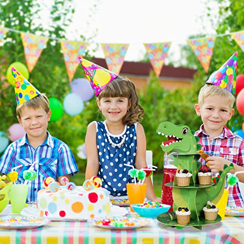 3 Tier Dinosaur Cupcake Stand Party Decorations Dinosaur Theme Cupcake Holder Decorations Dinosaur Dessert Tower for Kids Boys Dinosaur Jungle Theme Party Birthday Supplies (Green)