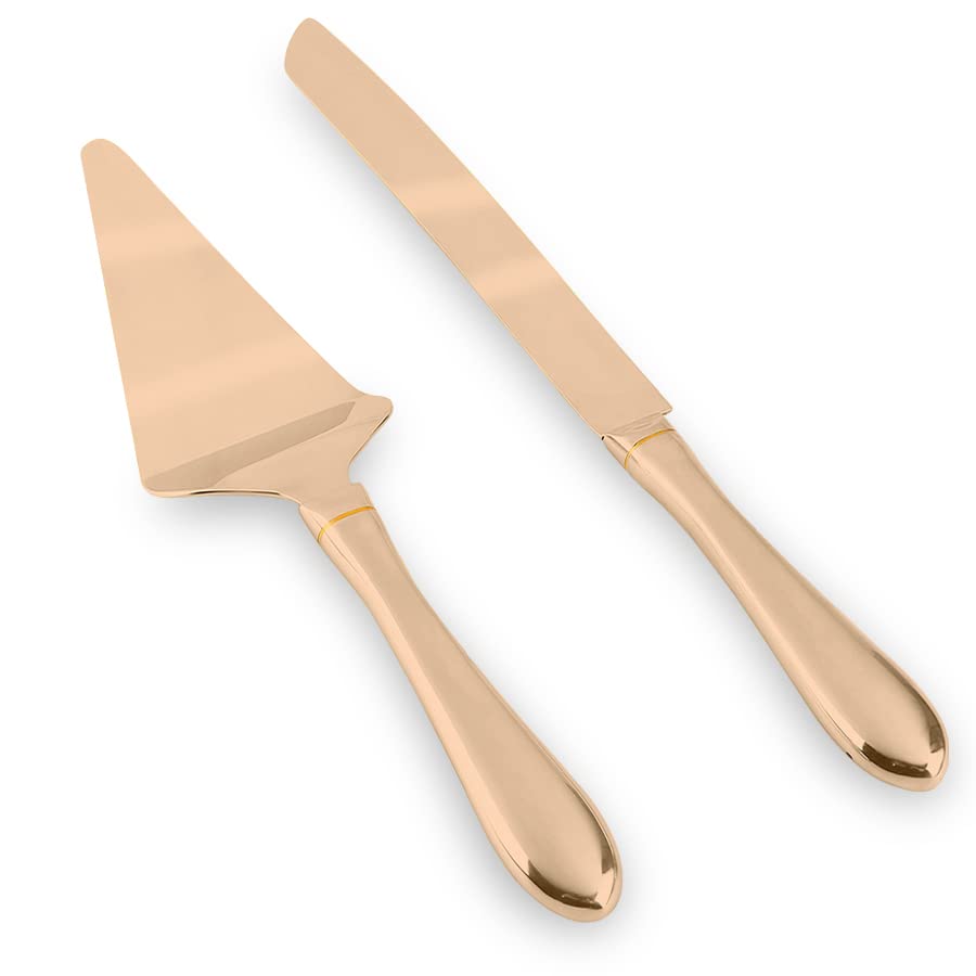 Metallic Rose Copper Gold Stainless Steel Cake Serving Set - Cake Knife and Server - Cake Serving Set With Serrated Blade for Easier Cutting - Holidays, Birthdays, Wedding, Anniversary