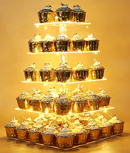 Vdomus 5-Tier Acrylic Cup cake Stand Display Tower with LED String Lights, Dessert Tree Tower Display Tiered Cupcake Stand Holder Platter for Birthday Wedding Party Celebration, Warm
