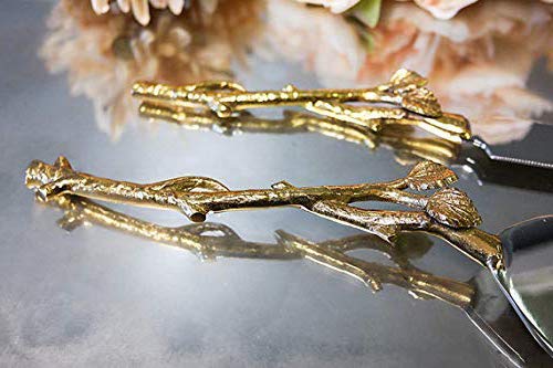 2 Piece Gold-leaf (twig) Cake Server Set. 1 Cake Knife and 1 Cake Server. Leaf Design 2 Tone Made of Stainless Steel and Brass. Ideal for Weddings, Party's, Elegant Events.