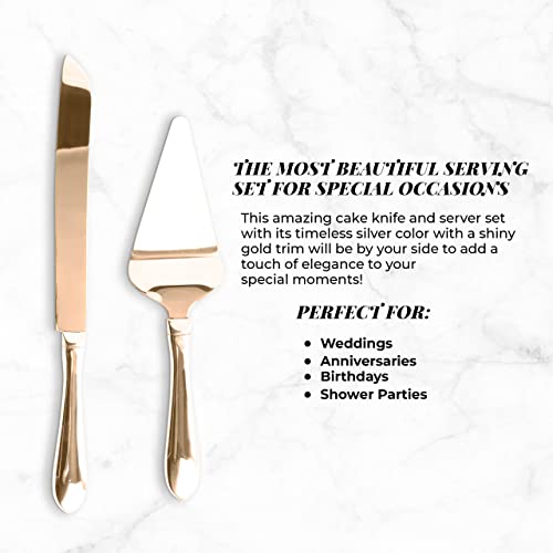 Metallic Rose Copper Gold Stainless Steel Cake Serving Set - Cake Knife and Server - Cake Serving Set With Serrated Blade for Easier Cutting - Holidays, Birthdays, Wedding, Anniversary