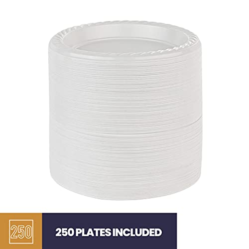 250 Pack - 6 Inch White Plastic Plates Disposable Strong and Sturdy