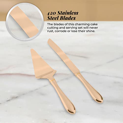 Metallic Rose Copper Gold Stainless Steel Cake Serving Set - Cake Knife and Server - Cake Serving Set With Serrated Blade for Easier Cutting - Holidays, Birthdays, Wedding, Anniversary