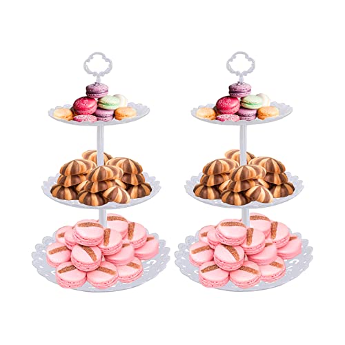 Alysontech 2pcs 3-Tier Plastic Round Cupcake Stand Dessert Plates Mini Cakes Fruit Candy Display Tower White for Kids Birthday Tea Party Baby Shower Serving Tray Big (Round US Stock)