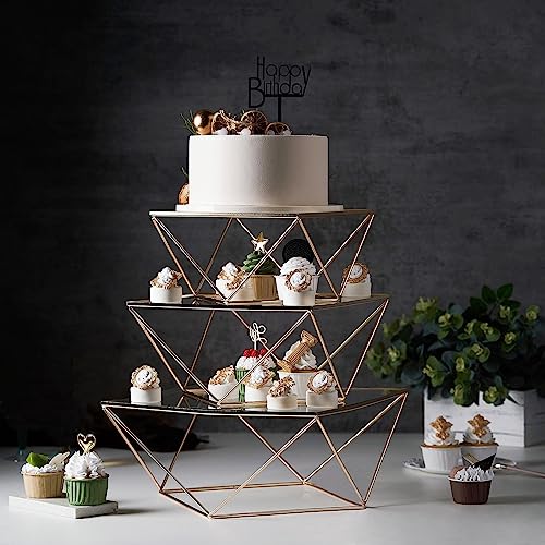 Efavormart Set of 3 Metal Geometric Cake Stand Gold Cake Riser with Glass Top Glossy Metallic Finish for Dessert Cupcake Pastry Candy Display Plate Event, Birthday Party