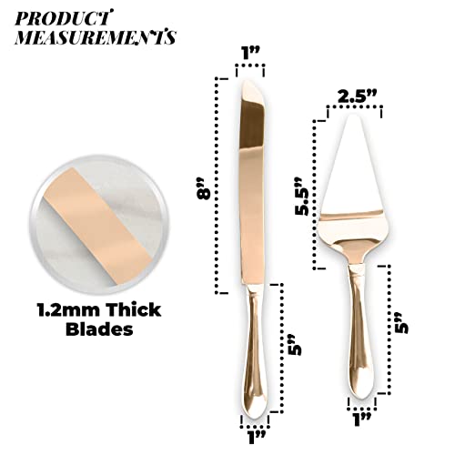 Metallic Rose Copper Gold Stainless Steel Cake Serving Set - Cake Knife and Server - Cake Serving Set With Serrated Blade for Easier Cutting - Holidays, Birthdays, Wedding, Anniversary