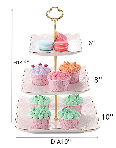 Sumerflos 3-Tier Square Porcelain Cake Stand, White Rimmed with Gold Embossed Cupcake Dessert Stand - Tiered Serving Tray for Tea Party and Show