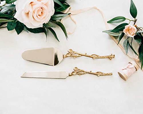 2 Piece Gold-leaf (twig) Cake Server Set. 1 Cake Knife and 1 Cake Server. Leaf Design 2 Tone Made of Stainless Steel and Brass. Ideal for Weddings, Party's, Elegant Events.