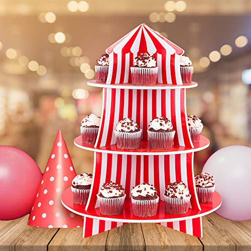 3 Tier Cupcake Foam Stand with Circus Carnival Tent Design for Desserts, Birthdays, Decorations