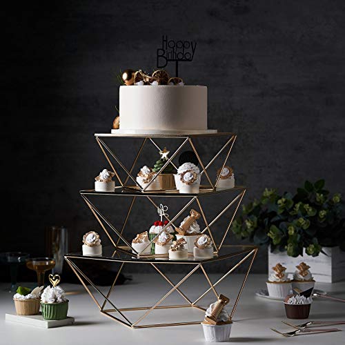 Efavormart Set of 3 Metal Geometric Cake Stand Gold Cake Riser with Glass Top Glossy Metallic Finish for Dessert Cupcake Pastry Candy Display Plate Event, Birthday Party