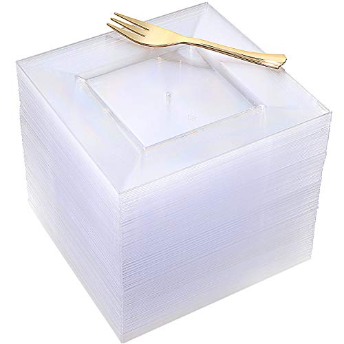 100pcs Square Dessert Plates with 100pcs Gold Dessert Forks, Clear Premium Plastic Salad Plates, Party Essentials Appetizer Plates,Gold Plastic Silverware, 6" Clear Dessert Plates and 5" Gold Forks