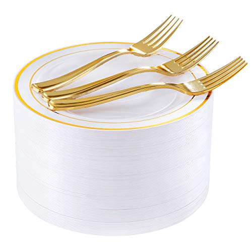 I00000 72 Pcs Gold Dessert Plates 7.5" with 72 Pcs Gold Plastic Forks 7.4", Heavyweight White with Gold Rim Plastic Plates, Gold Salad Plates for Party and Gold Appetizer Plates for Wedding