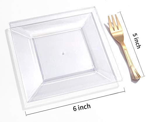 100pcs Square Dessert Plates with 100pcs Gold Dessert Forks, Clear Premium Plastic Salad Plates, Party Essentials Appetizer Plates,Gold Plastic Silverware, 6" Clear Dessert Plates and 5" Gold Forks