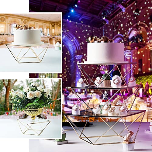 Efavormart Set of 3 Metal Geometric Cake Stand Gold Cake Riser with Glass Top Glossy Metallic Finish for Dessert Cupcake Pastry Candy Display Plate Event, Birthday Party