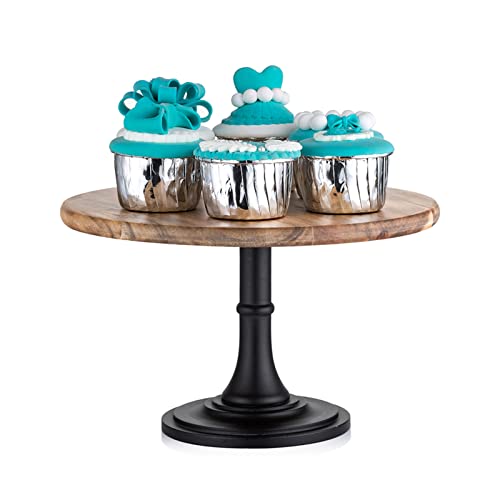 NUPTIO Wood Cake Dessert Stand with Metal Black Matt Base, 8 inches Round Cupcake Holder, Wedding Birthday Party Pedestal Display Plate (Wood, M)