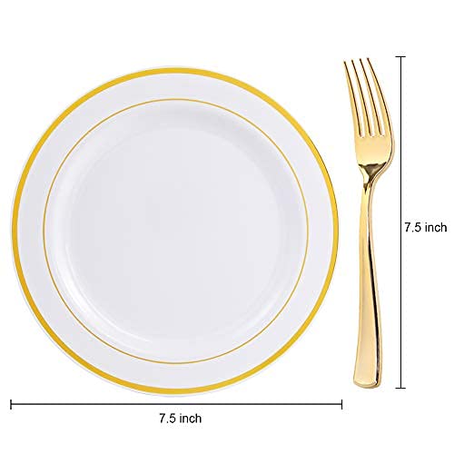 I00000 72 Pcs Gold Dessert Plates 7.5" with 72 Pcs Gold Plastic Forks 7.4", Heavyweight White with Gold Rim Plastic Plates, Gold Salad Plates for Party and Gold Appetizer Plates for Wedding