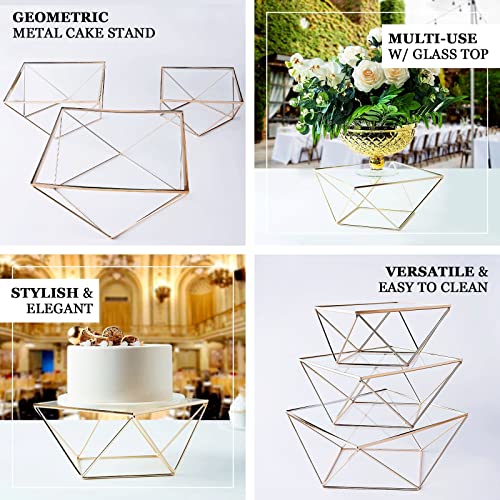 Efavormart Set of 3 Metal Geometric Cake Stand Gold Cake Riser with Glass Top Glossy Metallic Finish for Dessert Cupcake Pastry Candy Display Plate Event, Birthday Party