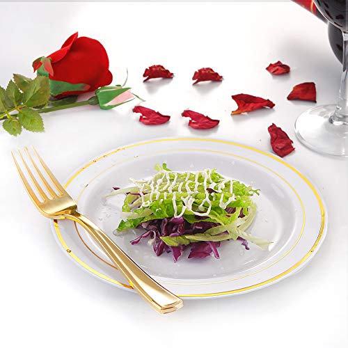 I00000 72 Pcs Gold Dessert Plates 7.5" with 72 Pcs Gold Plastic Forks 7.4", Heavyweight White with Gold Rim Plastic Plates, Gold Salad Plates for Party and Gold Appetizer Plates for Wedding