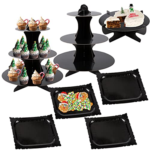 3-Tier Cardboard Black Cupcake Stand Disposable Dessert Display Tower Cupcake Holders Rectangle Serving Tray 1-Tier Round Cake Stand Platters for Birthday Graduation Party Supplies (7-Set)