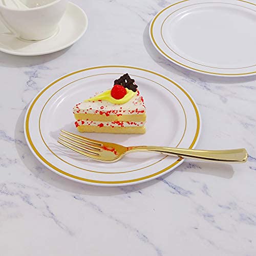 I00000 72 Pcs Gold Dessert Plates 7.5" with 72 Pcs Gold Plastic Forks 7.4", Heavyweight White with Gold Rim Plastic Plates, Gold Salad Plates for Party and Gold Appetizer Plates for Wedding