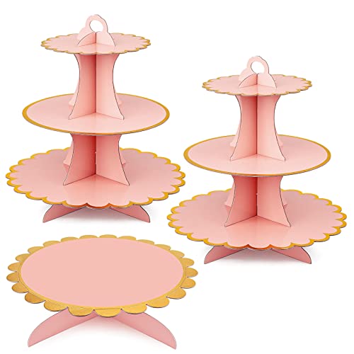 3 PCS Cardboard Cupcake Stand 2 Set of 3 Tier Cupcake Stand for 24 Cupcakes and 1 Large Cake Display Serving Tray Cupcake Tower Set for Wedding Baby Shower Birthday Party Decor, Pink