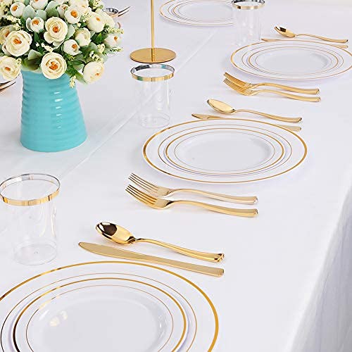 I00000 72 Pcs Gold Dessert Plates 7.5" with 72 Pcs Gold Plastic Forks 7.4", Heavyweight White with Gold Rim Plastic Plates, Gold Salad Plates for Party and Gold Appetizer Plates for Wedding