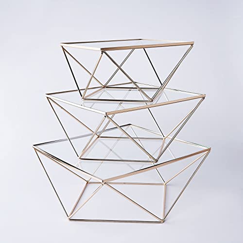 Efavormart Set of 3 Metal Geometric Cake Stand Gold Cake Riser with Glass Top Glossy Metallic Finish for Dessert Cupcake Pastry Candy Display Plate Event, Birthday Party