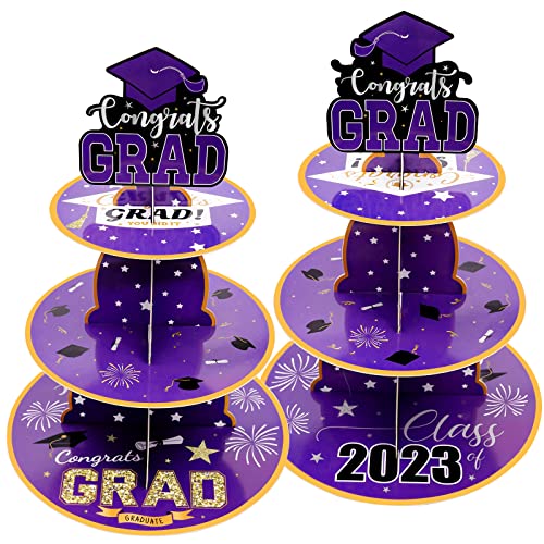 2 Set Graduation Cupcake Stand, 3 Tier Round Cardboard Cupcake Stand Perfect for Grad Themed Party Décor, Graduation Party Supplies, Graduation Dessert Favors Supplies (Purple)