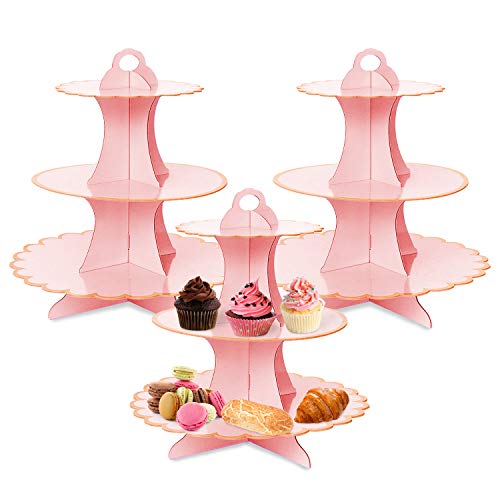 Cupcake Stand,3 Set of 3-Tier Dessert Plates Mini Cakes Fruit Candy Display Tower Cookie Tray Rack Candy Buffet Holder Cake Stand Cardboard Cupcake Stand Tiered Serving Stand (Pink)