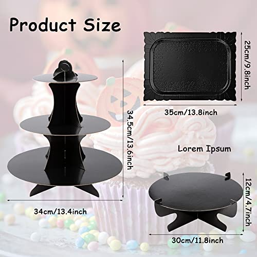 3-Tier Cardboard Black Cupcake Stand Disposable Dessert Display Tower Cupcake Holders Rectangle Serving Tray 1-Tier Round Cake Stand Platters for Birthday Graduation Party Supplies (7-Set)