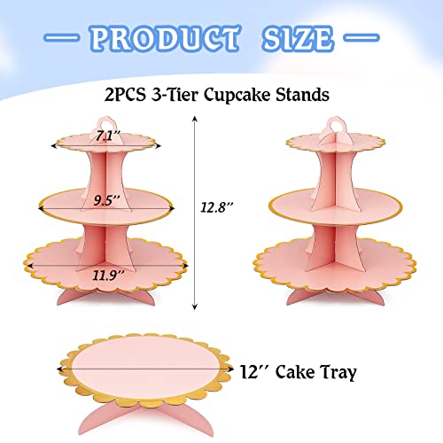 3 PCS Cardboard Cupcake Stand 2 Set of 3 Tier Cupcake Stand for 24 Cupcakes and 1 Large Cake Display Serving Tray Cupcake Tower Set for Wedding Baby Shower Birthday Party Decor, Pink