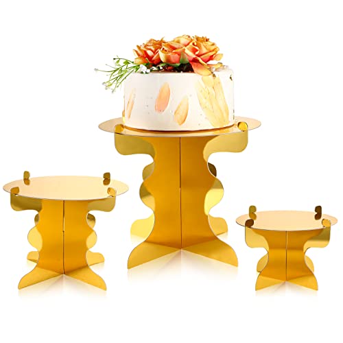 3 Pcs Gold Cake Stand, Cardboard Cake Pop Stand Set 1 Tier Round Cake Display Stand for Dessert Table Wedding Birthday Wedding Baby Shower Decoration, 3 Sizes