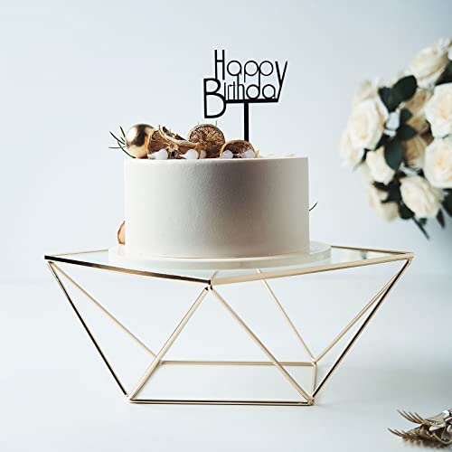 Efavormart Set of 3 Metal Geometric Cake Stand Gold Cake Riser with Glass Top Glossy Metallic Finish for Dessert Cupcake Pastry Candy Display Plate Event, Birthday Party